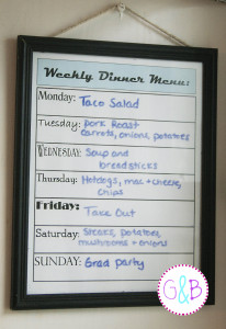 My weekly dinner menu planner, made from a Dollar Tree certificate frame.